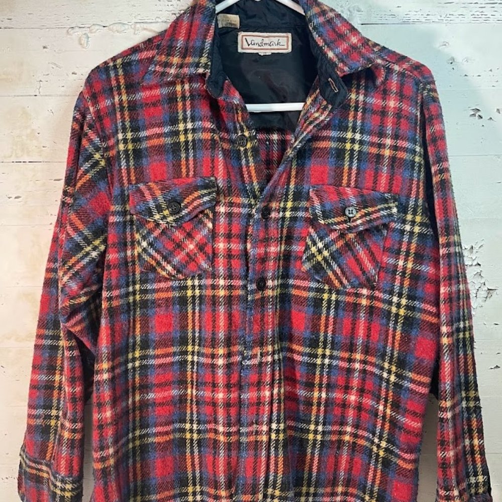 Small Pattern Red Plaid Landmark Wool Blend Button Up Shirt Medium Hong Kong